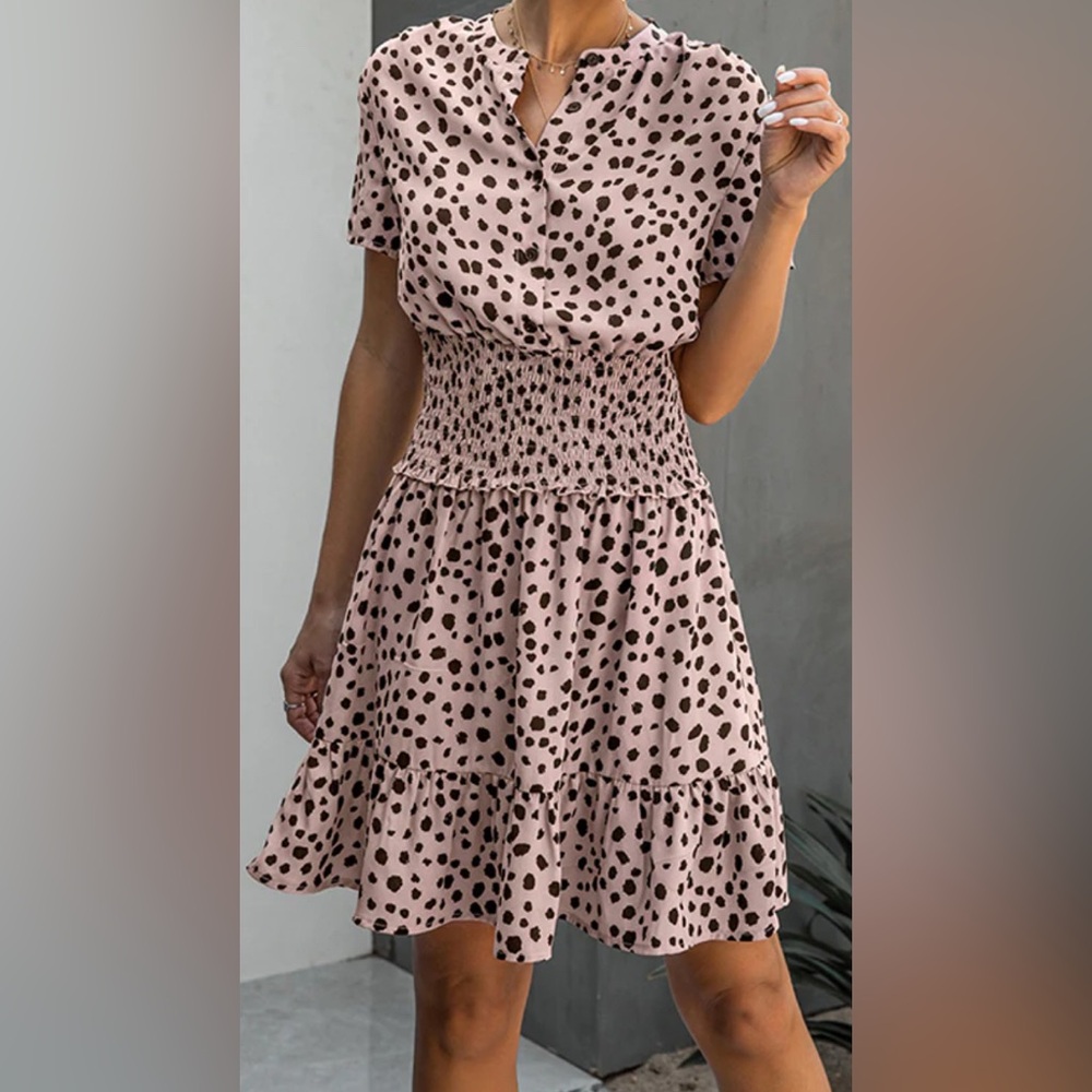 Pink & Black Polka Dot Dress – Flattering Ruched Waist, Size L